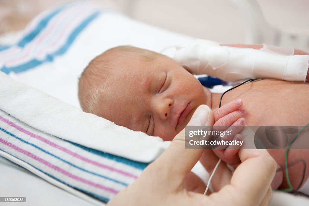 Madre holdind mano di un neonato prematuro in incubatrice