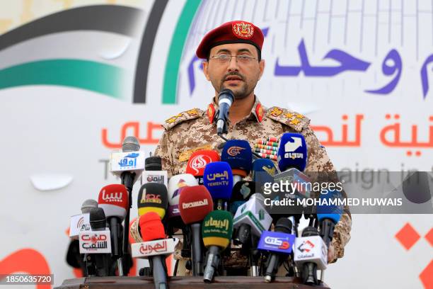 Huthi military spokesman, Brigadier Yahya Saree, delivers a statement on the recent attacks against two commercial vessels in the Red Sea during a...