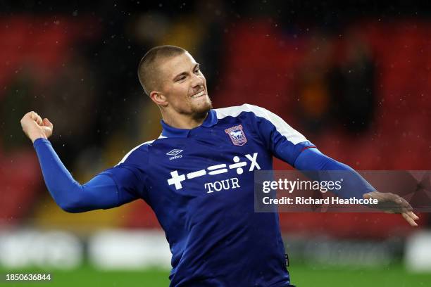 Harry Clarke of Ipswich Town celebrates with the fans after the team's victory during the Sky Bet Championship match between Watford and Ipswich Town...