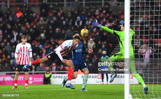 Leeds goalkeeper Illan Meslier is beaten by a header from Jobe Bellingham of Sunderland for the first goal during the Sky Bet Championship match...