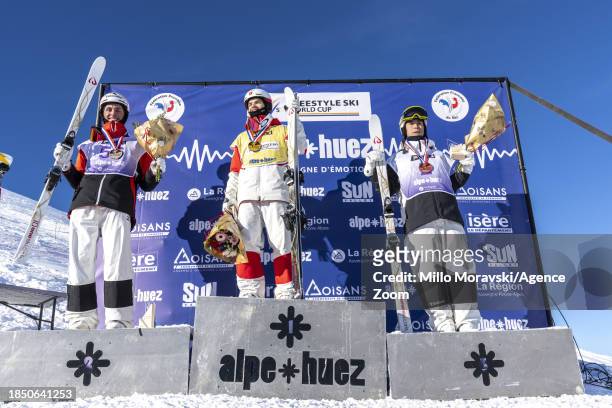 Mikael Kingsbury of Team Canada takes 1st place, Elliot Vaillancourt takes 2nd place, Ikuma Horishima of Team Japan takes 3rd place during the FIS...