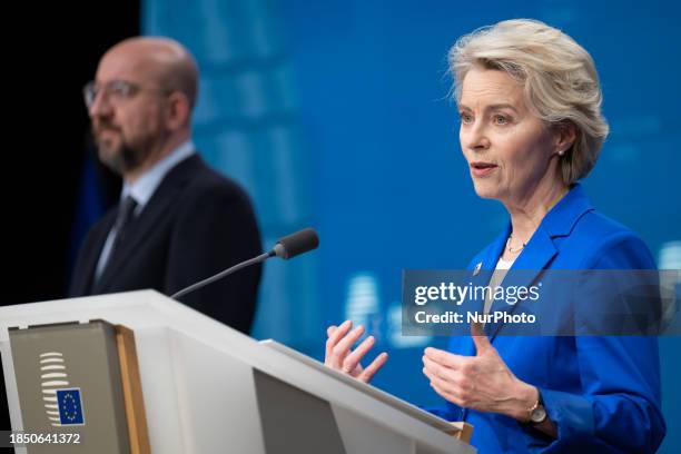 European Commission President Ursula von der Leyen is addressing the press conference after the European Council Summit in Brussels, Belgium, on...