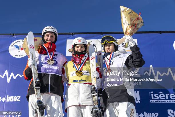 Mikael Kingsbury of Team Canada takes 1st place, Elliot Vaillancourt takes 2nd place, Ikuma Horishima of Team Japan takes 3rd place during the FIS...