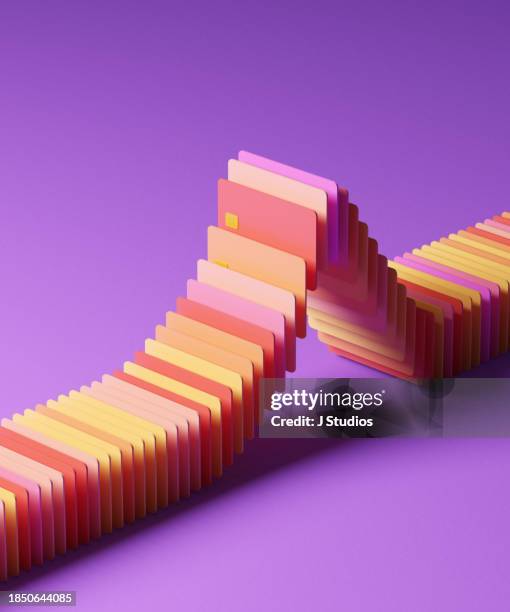 image of coloured credit cards in a graph shape - shopping cart 3d stock pictures, royalty-free photos & images