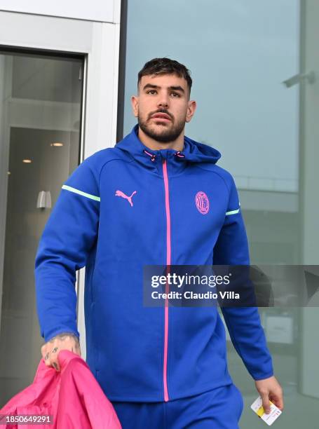 Theo Hernandez of AC Milan leaves Malpensa airport for Newcastle on December 12, 2023 in Milan, Italy.