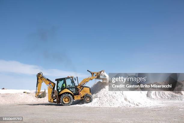 An excavator moves salt during the inauguration of the lithium carbonate plant dependent on the Bolivian Ministry of Hydrocarbons and Energy at the...