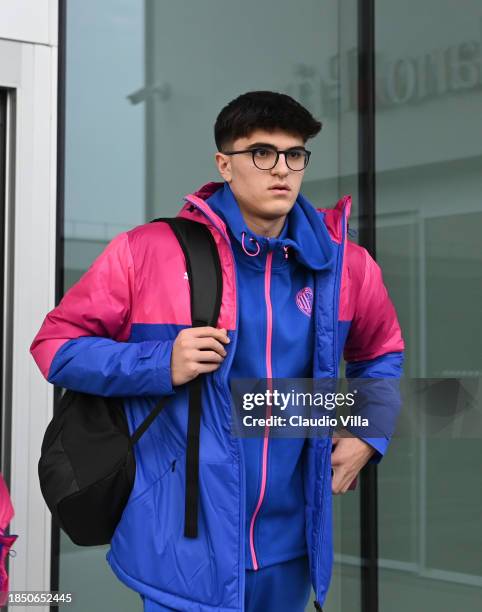 Davide Bartesaghi of AC Milan leaves Malpensa airport for Newcastle on December 12, 2023 in Milan, Italy.