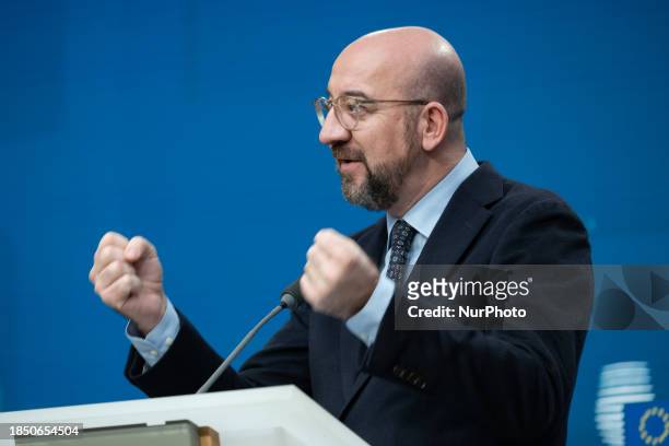 European Council President Charles Michel is addressing the press conference after the European Council Summit in Brussels, Belgium, on December 15,...