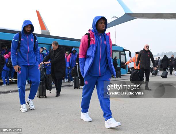 Samuel Chukwueze of AC Milan leaves Malpensa airport for Newcastle on December 12, 2023 in Milan, Italy.