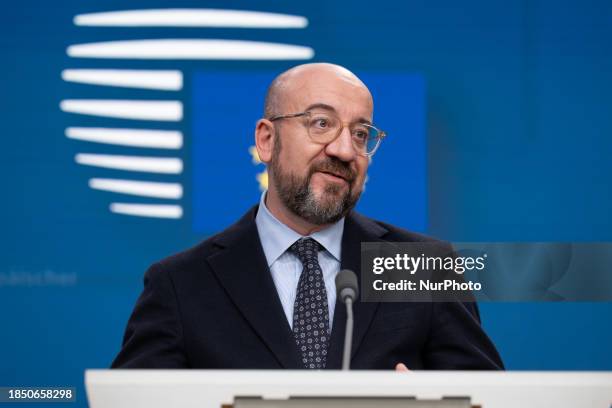 European Council President Charles Michel is addressing the press conference after the European Council Summit in Brussels, Belgium, on December 15,...