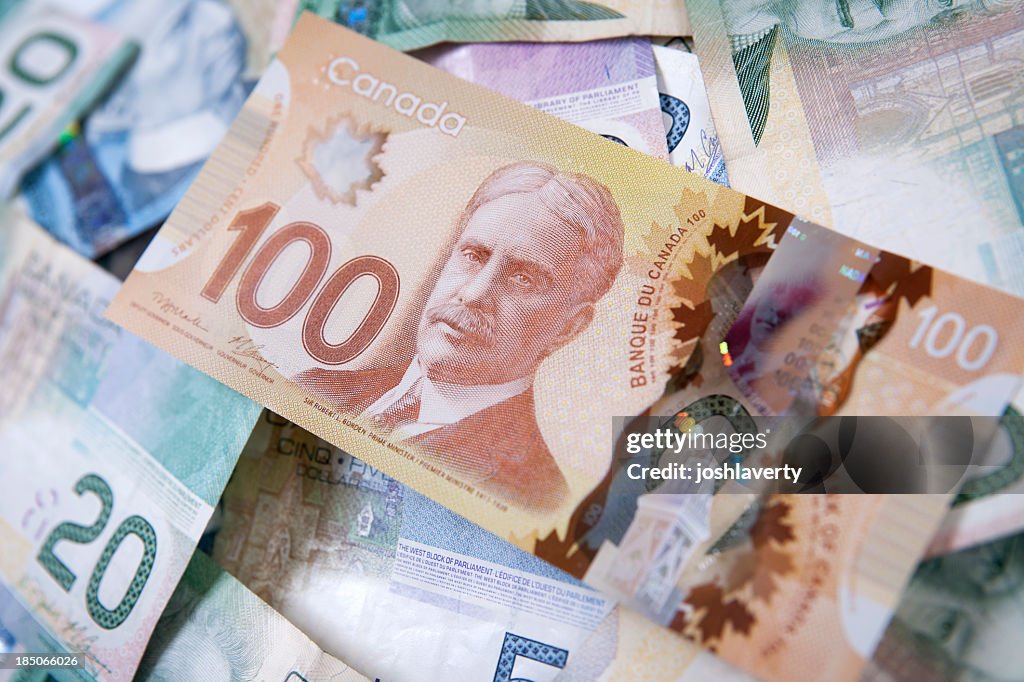 Pile of Canadian bills with one hundred dollars on top