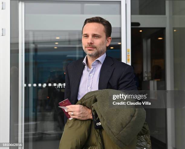 Milan CEO Giorgio Furlani leaves Malpensa airport for Newcastle on December 12, 2023 in Milan, Italy.