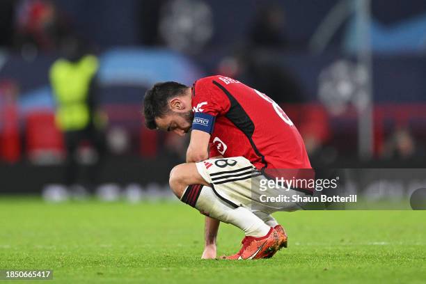 Bruno Fernandes of Manchester United looks dejected at full-time following the team's defeat in the UEFA Champions League match between Manchester...