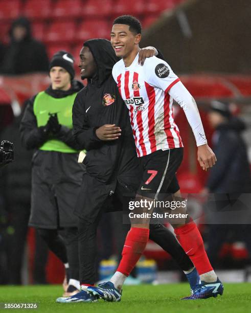 Jobe Bellingham of Sunderland is congratulated after the Sky Bet Championship match between Sunderland and Leeds United at Stadium of Light on...