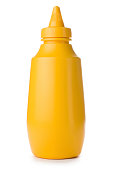 Close-up of yellow mustard bottle on a white background
