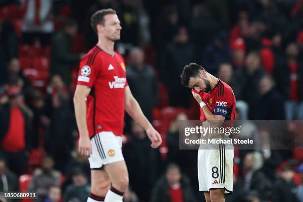 Bruno Fernandes of Manchester United looks dejected at full-time following the team's defeat in the UEFA Champions League match between Manchester...