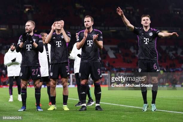 Konrad Laimer, Kim Min-Jae, Harry Kane and Joshua Kimmich of Bayern Munich show their appreciation to fans at full-time after victory in the UEFA...