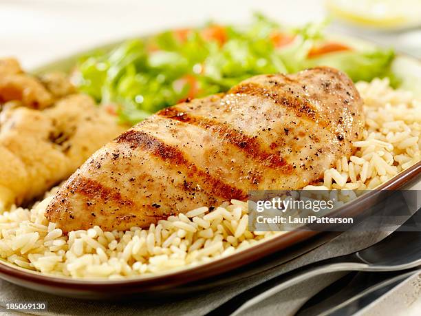 pechuga de pollo a la parrilla con arroz integral - arroz integral fotografías e imágenes de stock