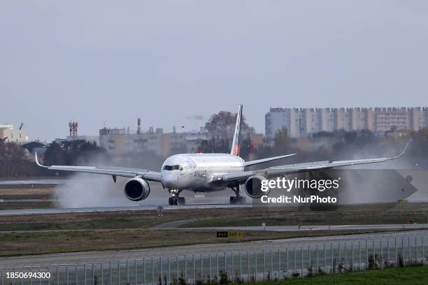 An Airbus A350-941 is undergoing a test flight at Toulouse Blagnac Airport in Toulouse, France, on December 8, 2023.