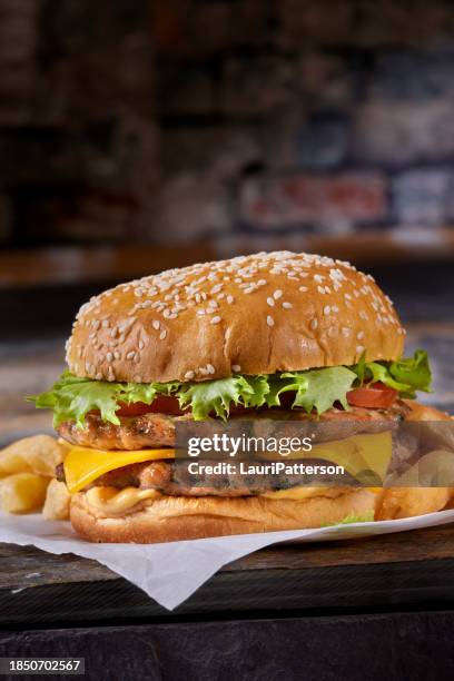 smashed ground chicken cheese burger - turkey burger stock pictures, royalty-free photos & images