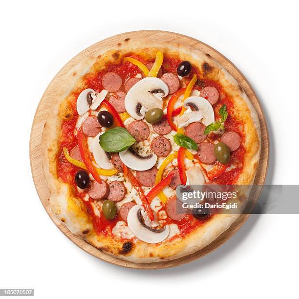 pizza wurstel, peppers, mushrooms on wooden plate, white background - tomato sauce isolated stock pictures, royalty-free photos & images
