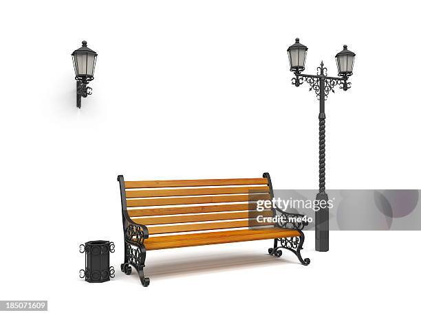 bench, street lamp,basket isolated on white, perspective view - park bench stockfoto's en -beelden