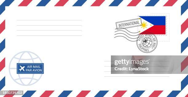 blank air mail envelope with philippines postage stamp. postcard vector illustration with philippines national flag isolated on white background. - postmark stock illustrations