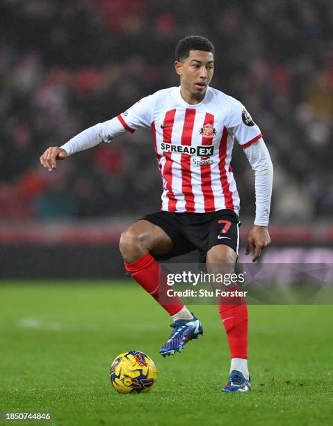 Jobe Bellingham of Sunderland in action during the Sky Bet Championship match between Sunderland and Leeds United at Stadium of Light on December 12,...