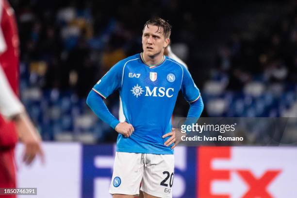 Piotr Zielinski of SSC Napoli in action during the UEFA Champions League match between SSC Napoli and SC Braga at Stadio Diego Armando Maradona on...