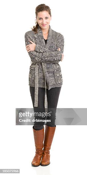content young woman standing with arms crossed - gray coat stock pictures, royalty-free photos & images