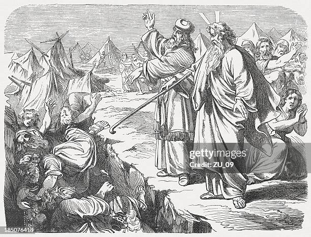 rebellion of korah (numbers 16), wood engraving, published in 1877 - moses religious figure stock illustrations