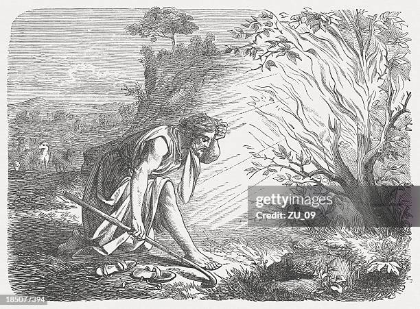 moses and the burning bush (exodus 3, 1-5), published 1877 - christianity judaism stock illustrations