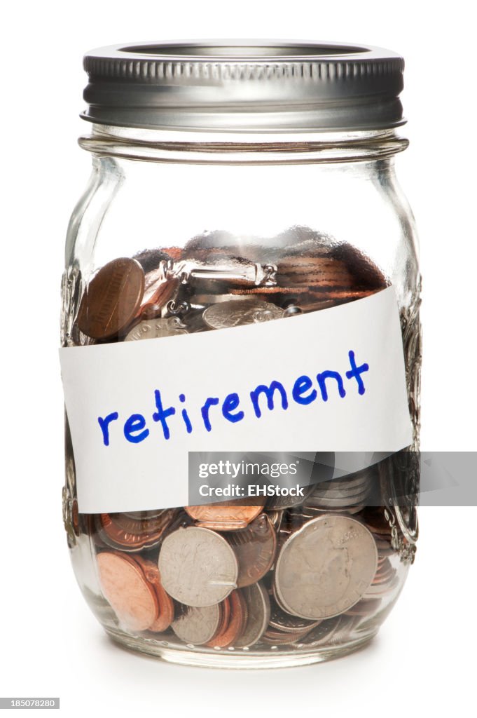 Jar of Coins Labeled Retirement Isolated on White Background