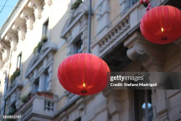 chinese new year lantern, via sarpi - chinese lunar new year celebrations in milan stock pictures, royalty-free photos & images