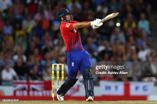 Liam Livingstone of England bats during the 1st T20 International between West Indies and England at Kensington Oval on December 12, 2023 in...