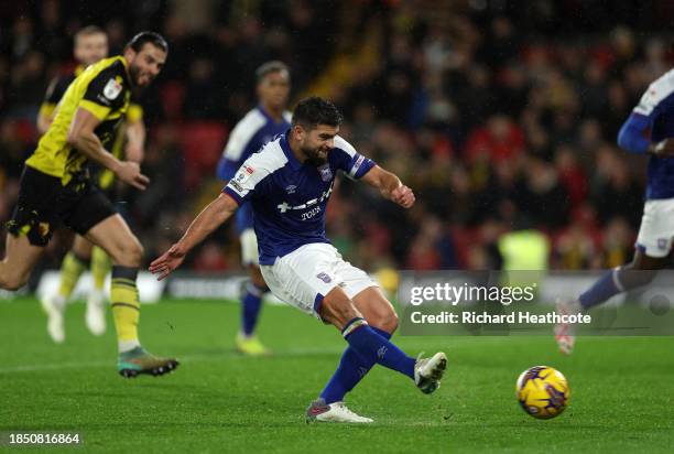 Sam Morsy of Ipswich Town scores their team's second goal during the Sky Bet Championship match between Watford and Ipswich Town at Vicarage Road on...