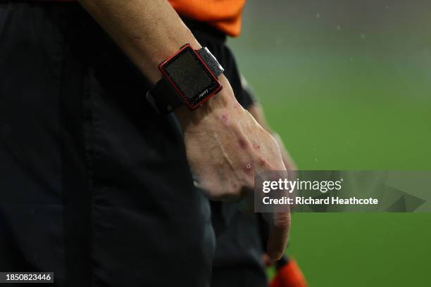 Detailed view of the goal line technology watch on the referee's assistant during the Sky Bet Championship match between Watford and Ipswich Town at...