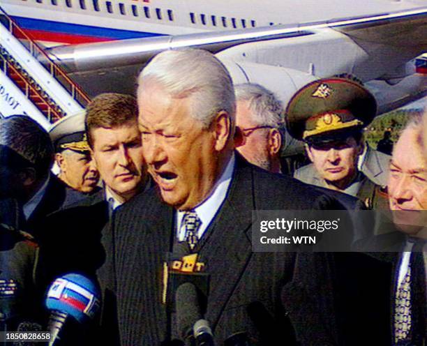 Grab released by WTN showing Russian president Boris Yeltsin speaking to the press, 21 August at Murmansk airport. Yeltsin said Washington should...