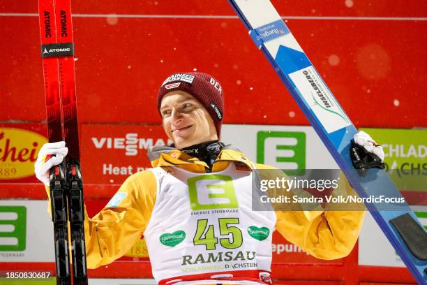 Manuel Faisst of Germany takes third place during the Mass Start at the FIS Nordic Combined World Cup Men on December 15, 2023 in Ramsau, Austria.