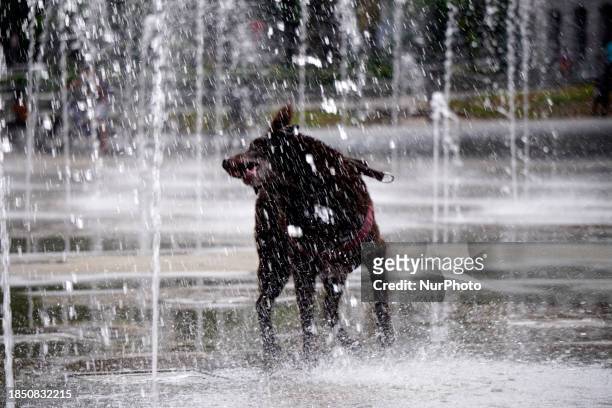 People are cooling off in the Anhangabau fountain during another heatwave in Sao Paulo, Brazil, on December 15, 2023.