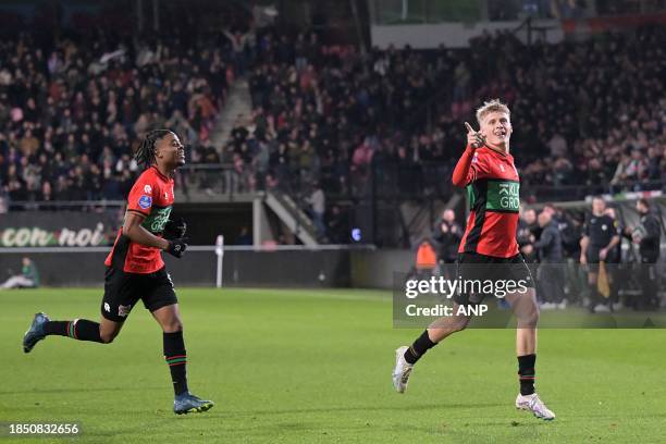 Magnus Mattsson of NEC Nijmegen celebrates his goal during the Dutch Eredivisie match between NEC and Fortuna Sittard in De Goffert on December 15,...