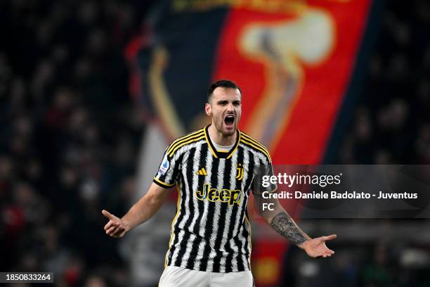 Federico Gatti of Juventus reacts during the Serie A TIM match between Genoa CFC and Juventus at Stadio Luigi Ferraris on December 15, 2023 in Genoa,...