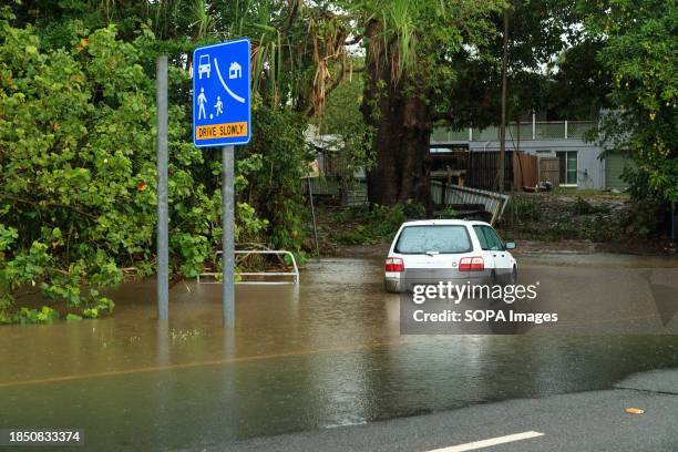 Car inundated with water in the northern beaches suburb of Holloways Beach in Cairns after Tropical Cyclone Jasper. Tropical Cyclone Jasper made...