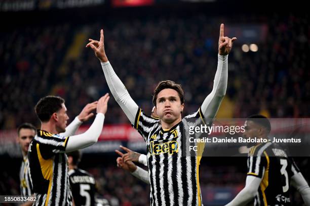 Federico Chiesa of Juventus celebrates 0-1 goal during the Serie A TIM match between Genoa CFC and Juventus at Stadio Luigi Ferraris on December 15,...