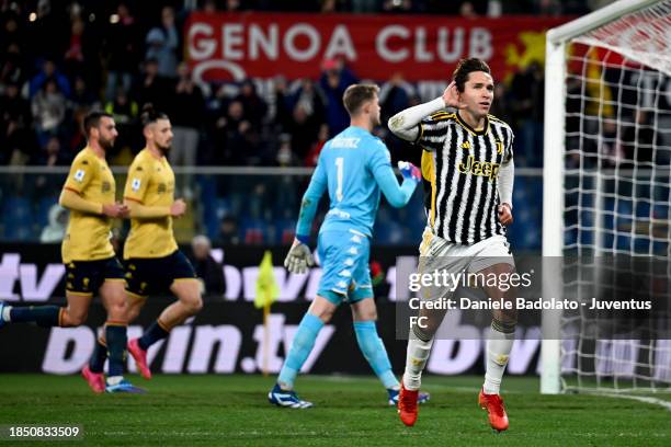 Federico Chiesa of Juventus celebrates 0-1 goal during the Serie A TIM match between Genoa CFC and Juventus at Stadio Luigi Ferraris on December 15,...