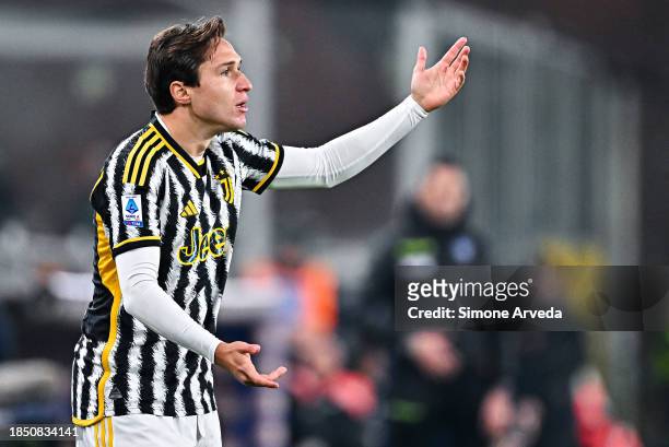 Federico Chiesa of Juventus reacts during the Serie A TIM match between Genoa CFC and Juventus at Stadio Luigi Ferraris on December 15, 2023 in...