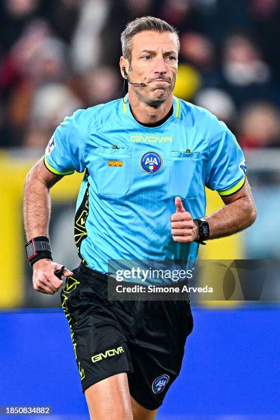 Referee Davide Massa looks on during the Serie A TIM match between Genoa CFC and Juventus at Stadio Luigi Ferraris on December 15, 2023 in Genoa,...