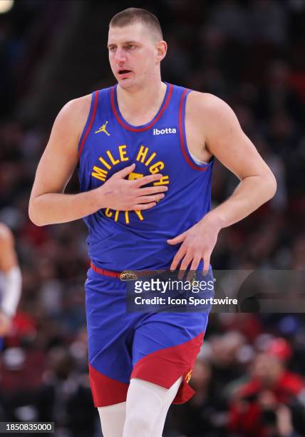 Nikola Jokic of the Denver Nuggets during the first half against the Chicago Bulls at the United Center on December 12, 2023 in Chicago, Illinois.