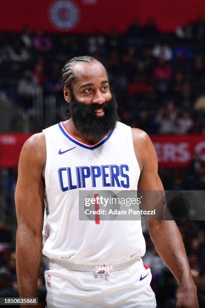 James Harden of the LA Clippers smiles during the game against the Portland Trail Blazers on December 11, 2023 at Crypto.Com Arena in Los Angeles,...