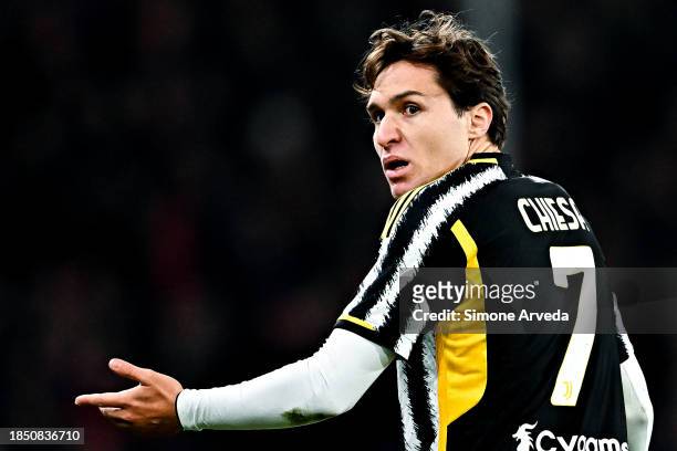 Federico Chiesa of Juventus reacts during the Serie A TIM match between Genoa CFC and Juventus at Stadio Luigi Ferraris on December 15, 2023 in...